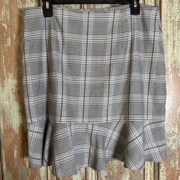 Loft Ann Taylor Women’s 12 Professional Gray Pink Accent Plaid Skirt Ruffle Hem - Picture 2 of 6